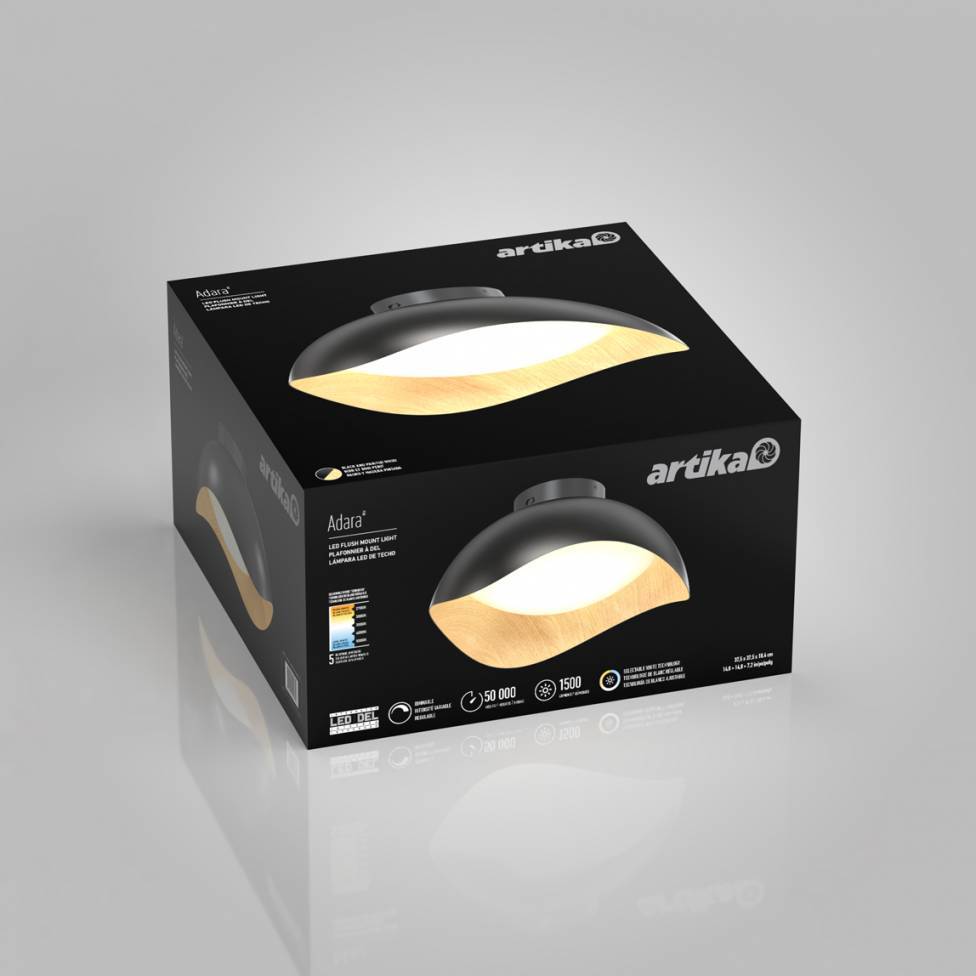 Adara 15 in. LED flush mount light 5 CCT black and wood