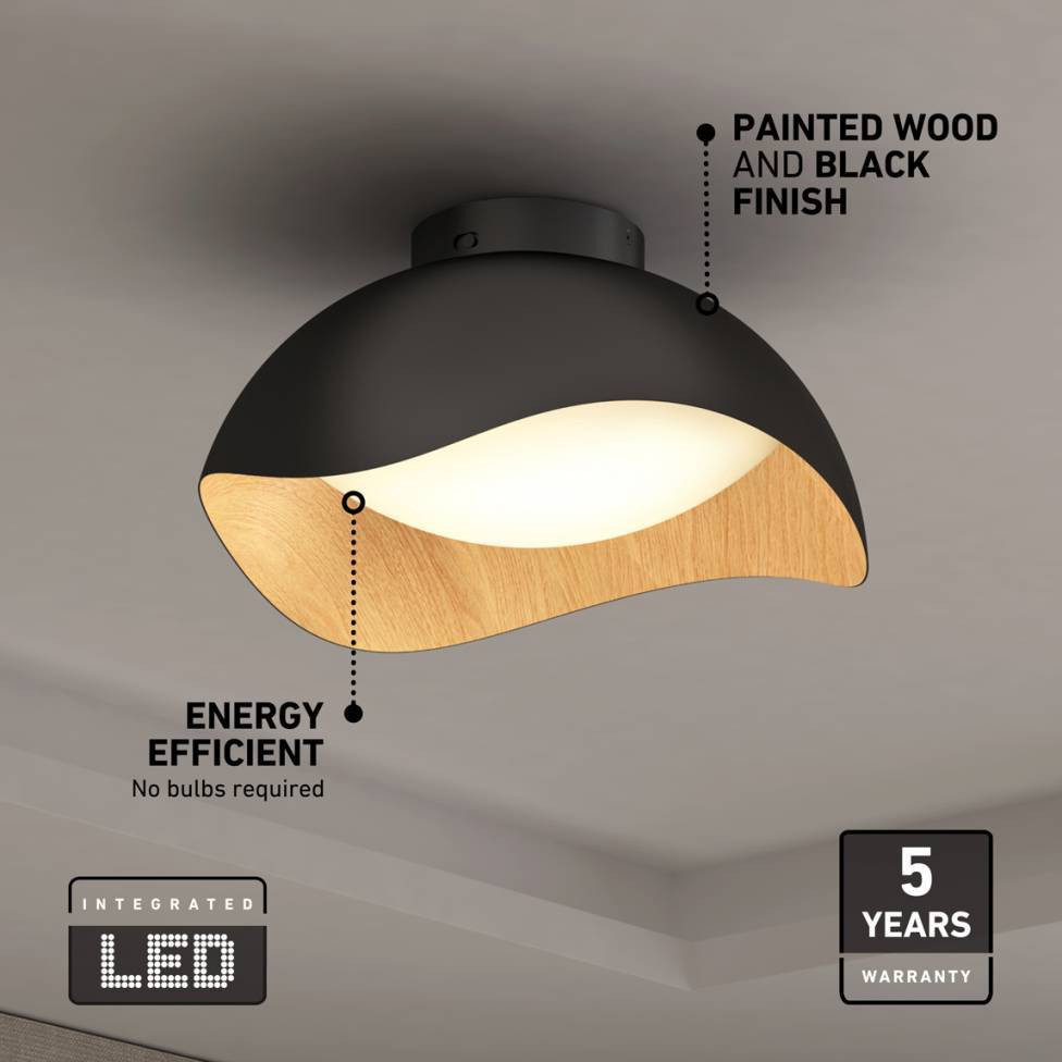 Adara 15 in. LED flush mount light 5 CCT black and wood