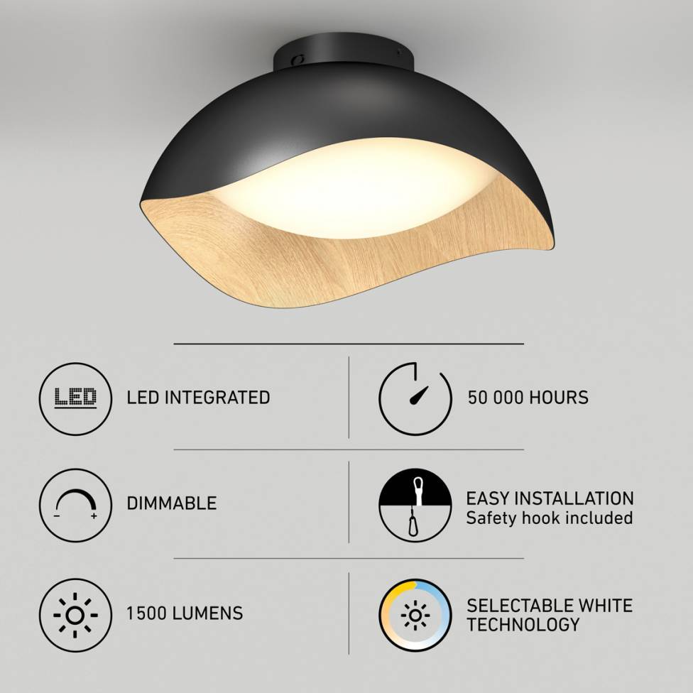 Adara 15 in. LED flush mount light 5 CCT black and wood