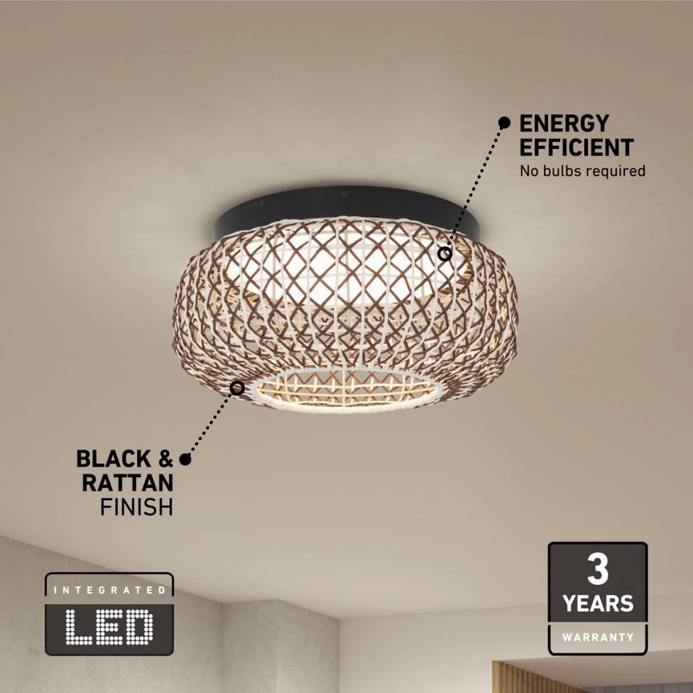 Benson 15 in. LED flush mount light 5 CCT black and rattan | Artika